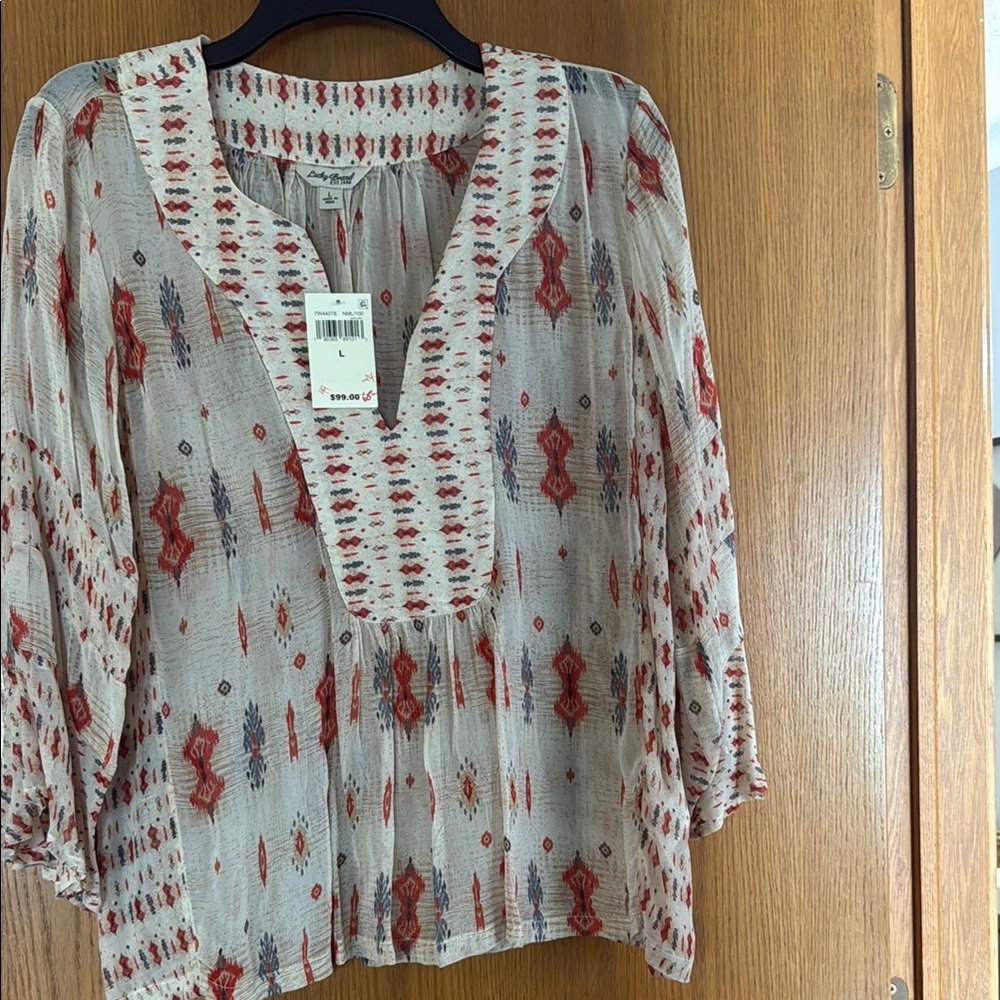 Lucky Brand Gray and Red Pleated Blouse with 3/4 Sleeves
